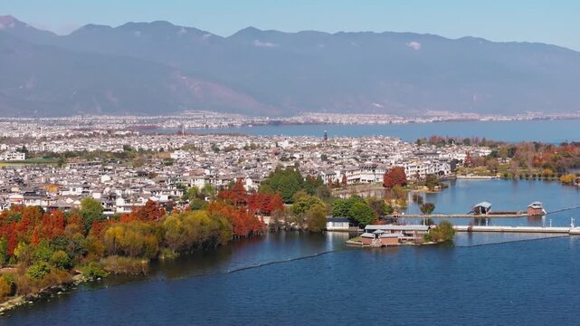 Aerial View of Dali, Yunnan with Erhai Lake and Mountains in Background