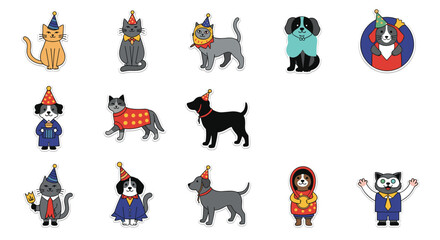 Obraz premium Adorable set of cats and dogs wearing festive party hats, sweaters, and costumes for a fun pet celebration or birthday themed design.