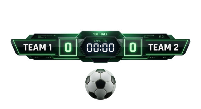 Futuristic Soccer Scoreboard Overlay with Digital Timer and Football Ball Isolated on Black Background