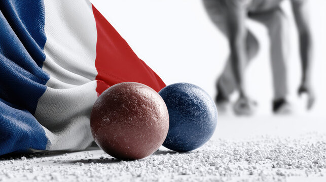 French flag with bocce balls on gravel ground and blurred person in background preparing to play