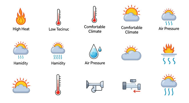 Collection of weather and climate condition icons, including symbols for heat, temperature, humidity, and air pressure, with associated measurement tools.