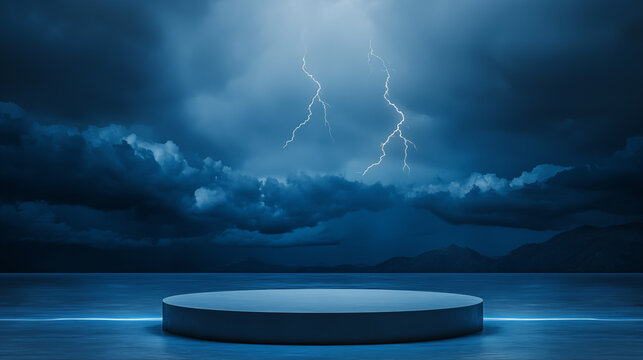 Stormy landscape with a round, blue podium in the foreground, jagged mountains rise in the midground, glowing blue lightning energy, shrouded in mist, cloudy sky,