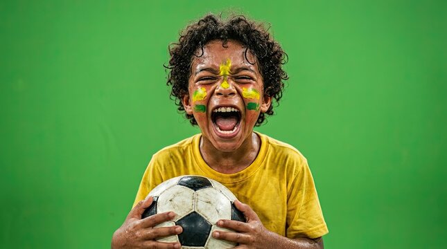 Child screams in ecstatic goal celebration, holding a soccer ball, face painted with national colors.