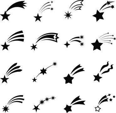 Set of sixteen black shooting star silhouettes, stylized comet icons with varied trailing tails for decorative design