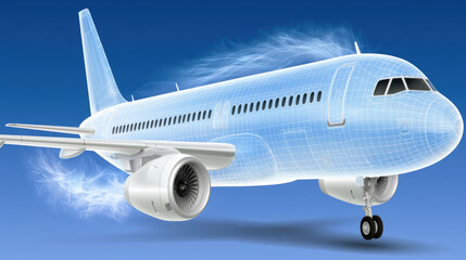 Fototapeta premium Airplane with transparent wireframe design flying in blue sky showing engine and wing details in futuristic style