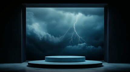 Fototapeta premium Stormy landscape with a round, blue podium in the foreground, jagged mountains rise in the midground, glowing blue lightning energy, shrouded in mist, cloudy sky,
