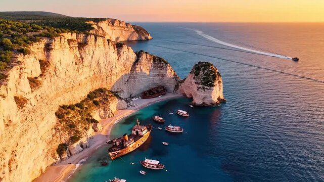 Breathtaking coastal cliffs meet turquoise waters with a shipwreck on a serene beach at sunset.