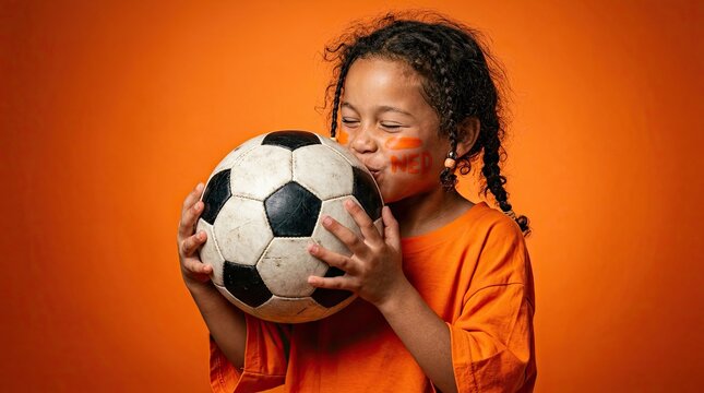 Young football fan kisses Dutch-themed soccer ball
