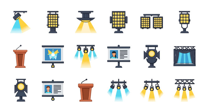 A comprehensive set of flat design icons depicting stage lighting, presentation equipment, and event elements like podiums and projector screens.