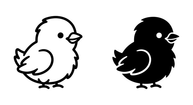 Cute Chick Icons, Simple Bird Vector Art, Baby Animal Graphics, Black and White Cartoon Poultry