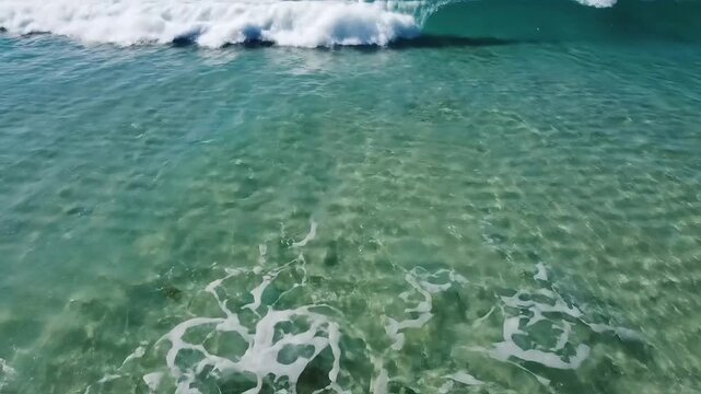 Crystal clear ocean water with gentle waves and sunlight shimmering on the sandy seabed.