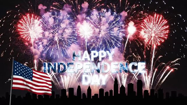Spectacular fireworks illuminate the night sky above a city skyline, celebrating Independence Day with a waving American flag.