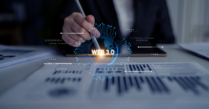 Business Professional Analyzing Data and Trends with Web 3.0 Concept Visualization for Future Technologies and Innovations in Modern Workspace. Entropy.