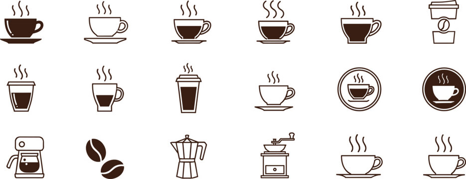 Coffee icon illustrations with cups mugs beans and maker designs, decorative artwork vector element for beverage, cafe, and lifestyle design