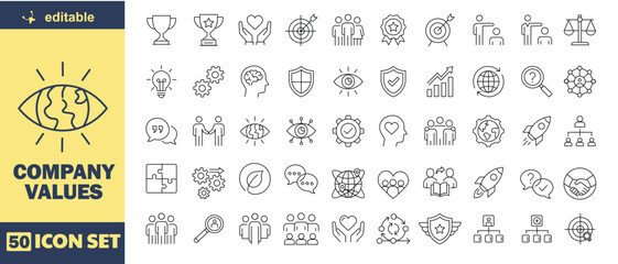 Company Values Line Icon Set – Corporate Culture, Teamwork, Leadership, Vision, Innovation and Business Ethics Outline Vector Collection © Bolangmania