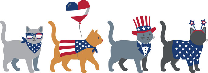 Patriotic flat vector cats illustration with minimalist domestic felines wearing fourth of july costumes including orange tabby grey shorthair and top hat tuxedo cat © Saif