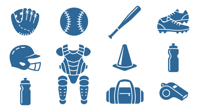 A comprehensive collection of blue monochromatic icons illustrating various essential sports equipment and accessories for baseball and softball games, training, and players