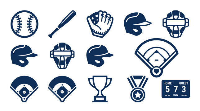 Collection of baseball icons, including equipment, fields, trophy, and scoreboard for sports graphics