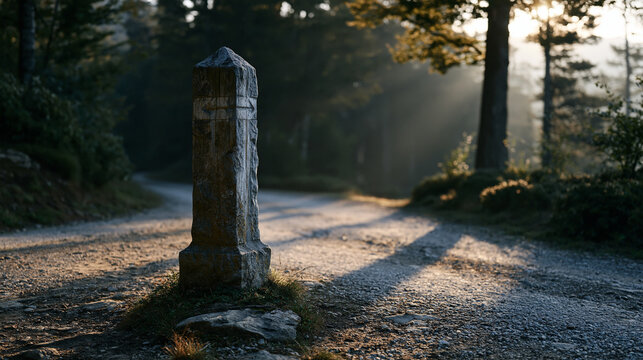 Weathered trail marker post standing at a misty mountain fork surrounded by dense forest, casting long shadows across gravel paths, symbolizing strategic milestone decision