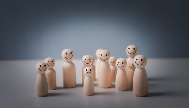Wooden figures stand in soft light. Some smile, others show sadness. Group gathers, facing one another. Their expressions tell a quiet story. Ideal for team dynamics or emotional themes.