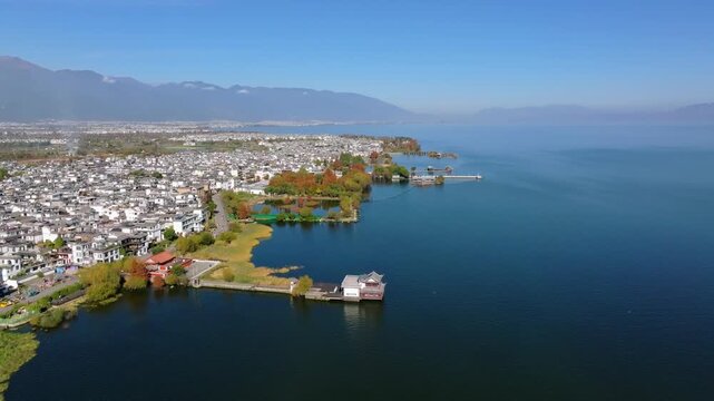 Aerial View of Dali, Yunnan with Erhai Lake and Mountains in Background