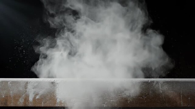 White flour dust cloud erupting from wooden surface. Powder particles explosion against dark background. Baking ingredient scattering in air, food preparation process