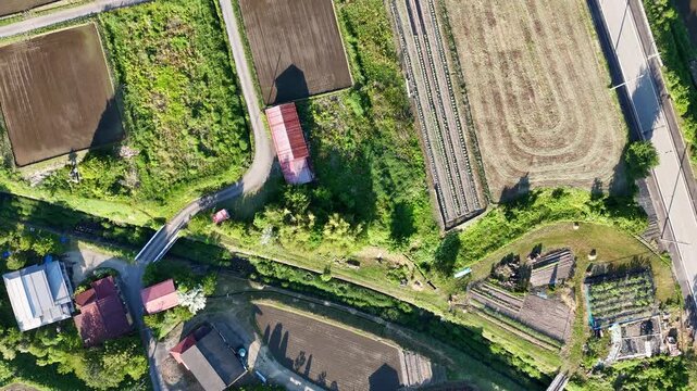 Aerial view of rural farmland and farm buildings. Fields show recent plowing and crop rows. Paths wind between structures and fields. Vibrant greenery surrounds cultivated areas