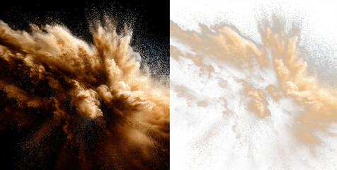 Flying sand dust png vector with explosion effect, dry desert ground particles, vehicle speed motion blur, brown grunge texture, wind stream and transparent background. © Allia