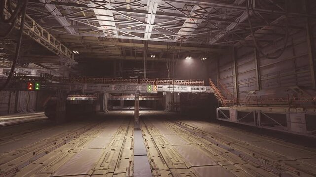 Dystopian set empty hangar with industrial props and diffused lighting, smoky ambiance, dramatic perspective, ideal for film, advertising, and concept art