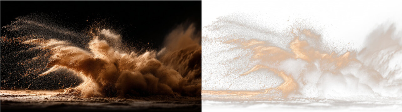 Dust explosion sand png vector with fast motion effect, desert wind cloud, flying earth particles, grunge texture background, speed concept and transparent isolated design.