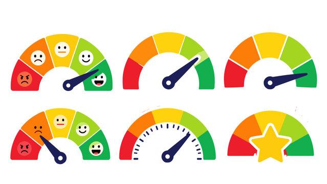 Set of colorful satisfaction gauge meters with rating icons