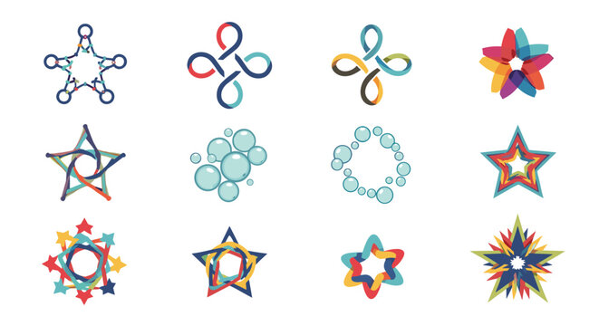 Collection of various colorful abstract star and loop icons designed for modern logo branding and creative graphic design.