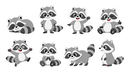 Fototapeta premium Cute cartoon raccoon character set in different poses