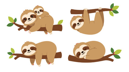 Fototapeta premium Cute sloths in different poses on tree branches vector set