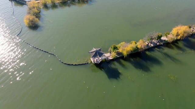 Aerial View of Traditional Pavilion on Erhai Lake in Dali, Yunnan, China