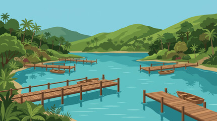 Fototapeta premium Cartoon vector illustration of beautiful coastal lagoon with wooden piers, calm water, surrounding vegetation, colorful tourism atmosphere