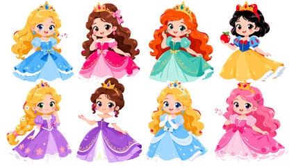 Naklejka premium Cute cartoon princess characters in colorful dresses set