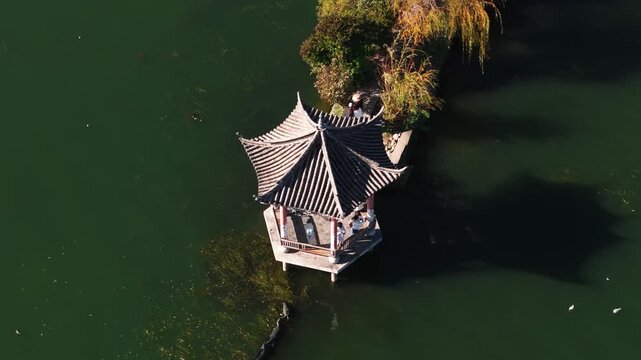 Aerial View of Traditional Pavilion on Erhai Lake in Dali, Yunnan, China