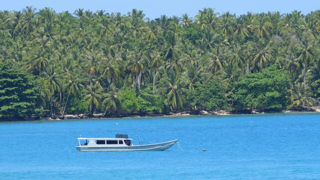 Moored surf boat taxi in vivid blue water in front of island coastline covered with lush palm trees. Tropical paradise in the Mentawai Islands, a tourist destination known for its perfect surf spots.