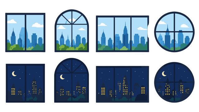 City skyline views through different window shapes day and night