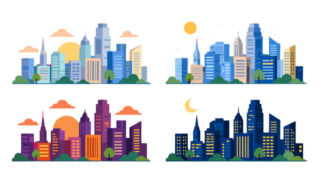 Flat vector city skyline set in different times of day