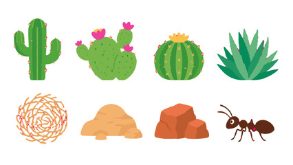 Desert cactus plants rocks tumbleweed and ant vector set © Alan