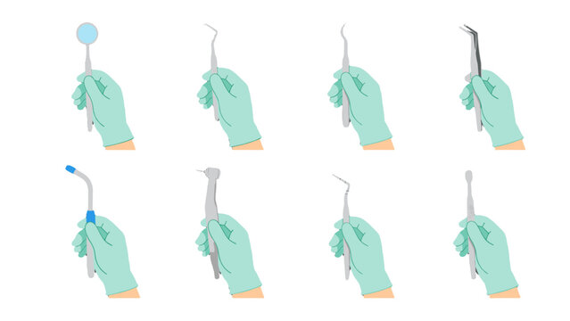 Set of gloved hands holding assorted dental instruments