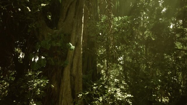 Massive rainforest tree trunk rising through canopy, sunlight filtering through dense foliage, tangled vines and buttress roots creating dramatic vertical