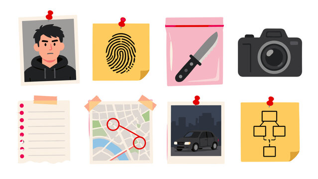 Crime investigation evidence board with suspect photo and clues