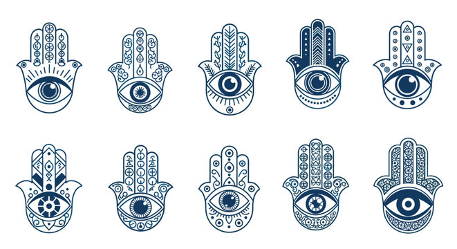 Collection of ten different blue Hamsa hand icons featuring various decorative symbols and protective eyes in the palms.