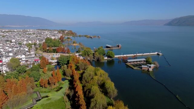 Aerial View of Dali, Yunnan with Erhai Lake and Mountains in Background