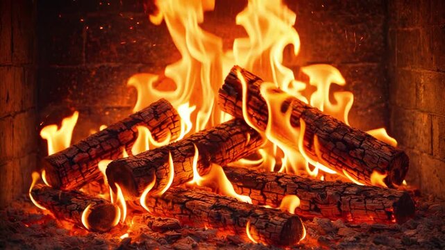 Warm fireplace with glowing logs and vivid flames illuminating a cozy interior. Embers shimmer beneath the wood, creating a tranquil, comforting atmosphere perfect for winter relaxation.
