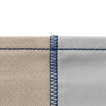 Close-up two pieces of fabric sewn together with double-stitched seam, isolated on transparent background. Types of machine stitches. Overlock and straight lockstitch. Sewing and tailoring