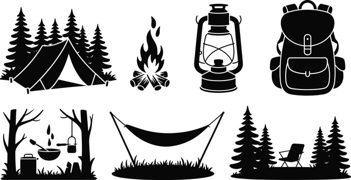Black Silhouette Vector Illustrations of Camping Gear and Outdoor Activities Including Tent, Campfire, Lantern, Backpack, Hammock, and Chair